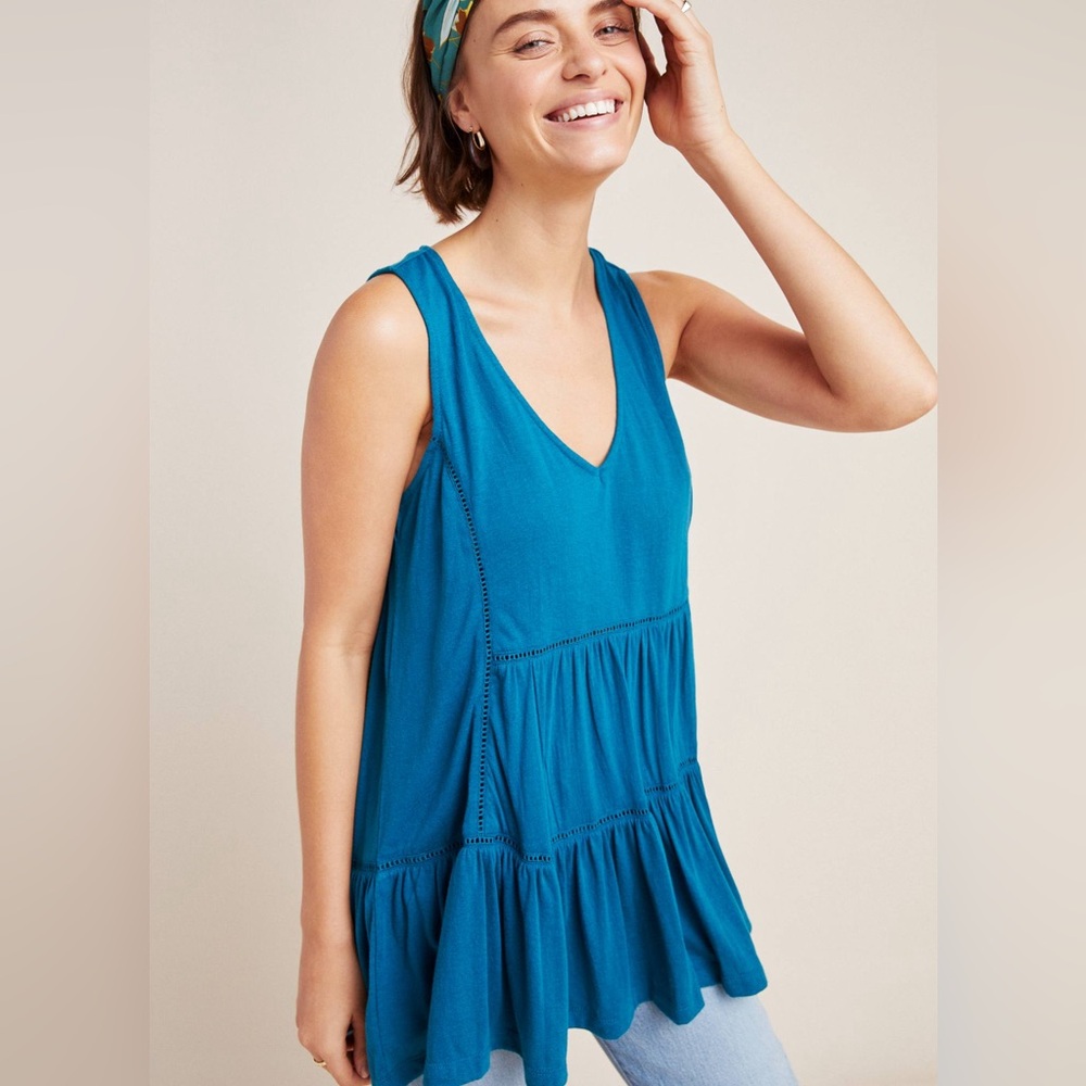 Anthropologie Malaga Tiered Boho Flowy Teal Tunic Top Size S